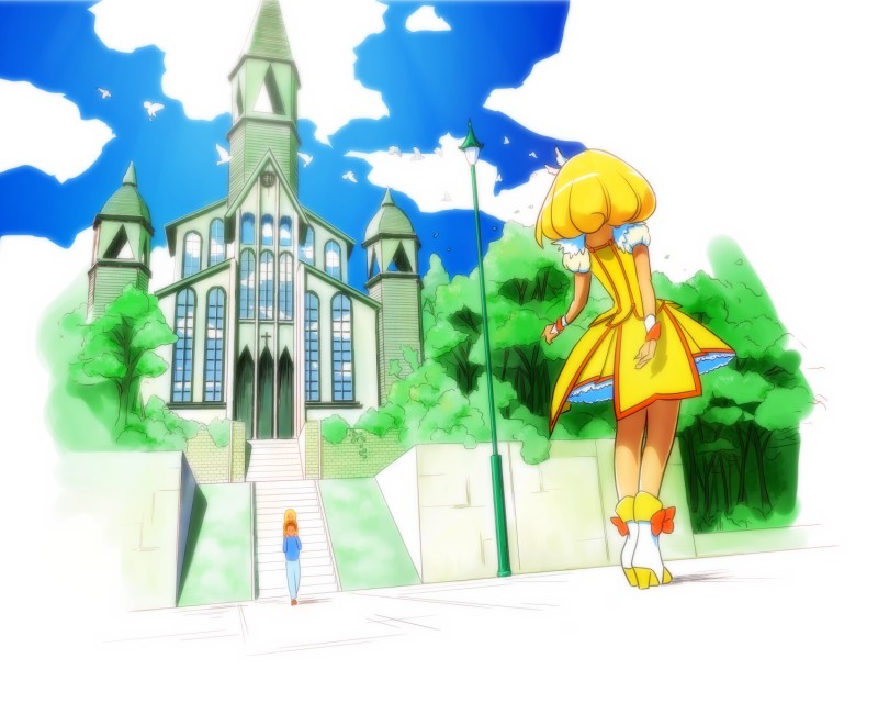 age_difference, blush, boots, child, cure_peace, dress, father_and_daughter, kise_yayoi, kise_yuuichi, long_hair, magical_girl, piggyback, precure, short_hair, sky, smile_precure!, tiara, time_paradox, wrist_cuffs, young