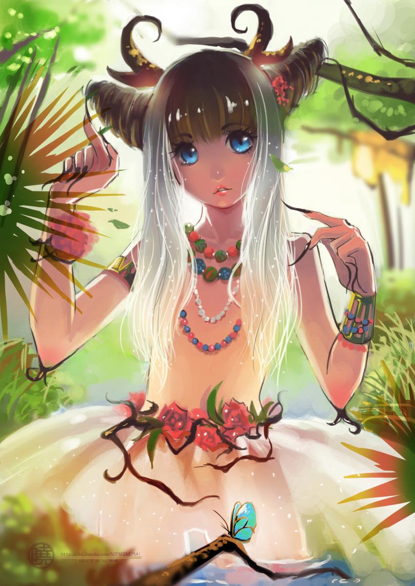 1boy, blue_eyes, butterfly, crossdressinging, fingernails, flower, highres, horns, jewelry, long_fingernails, long_hair, looking_at_viewer, male, navel, necklace, open_mouth, original, saidyiiii, see-through, sheep_girl, silver_hair, skirt, solo, topless, trap, water, white_hair