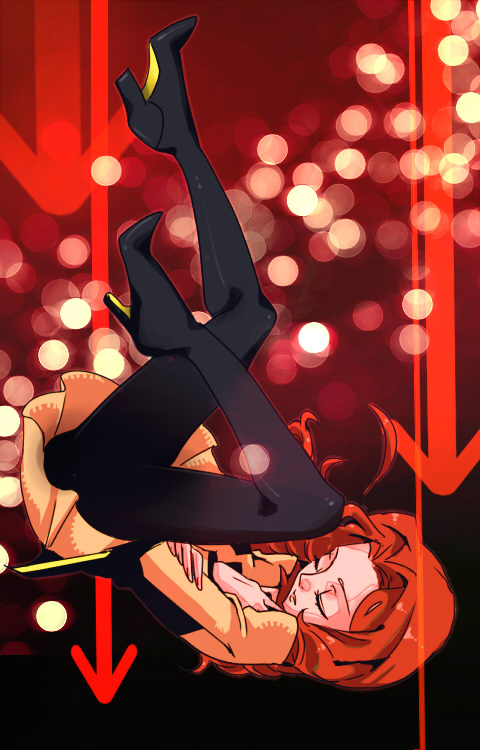 black_legwear, brown_hair, closed_eyes, eyes_closed, falling, high_heels, long_hair, mawaru_penguindrum