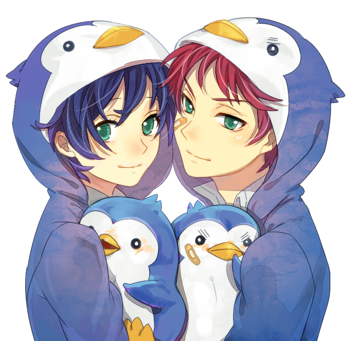 animal_hood, bird, blue_hair, brothers, green_eyes, hood, jamijami, male