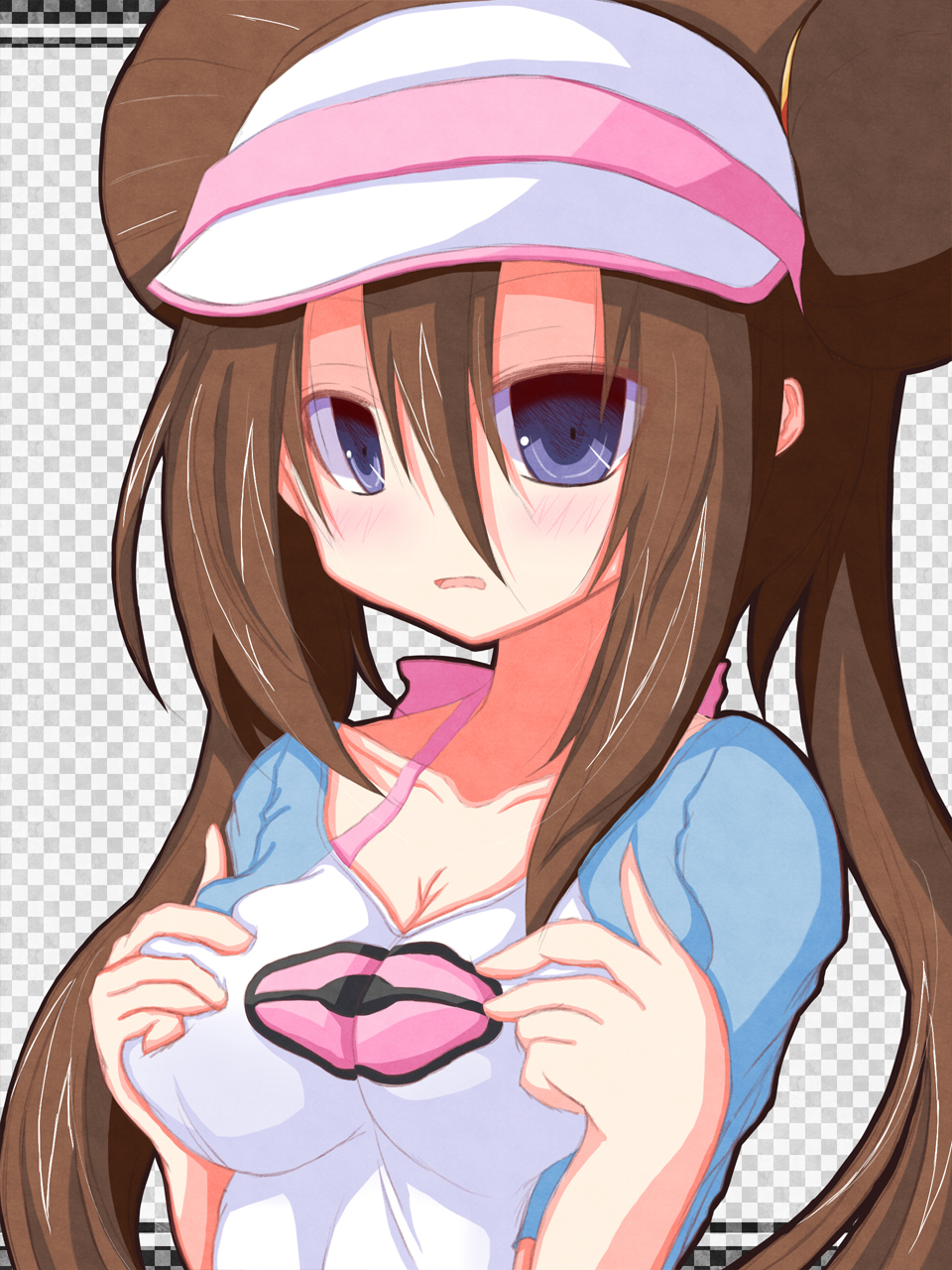 blue_eyes, blush, breast_squeeze, breasts, brown_hair, checkered, checkered_background, cleavage, double_bun, female_protagonist_(pokemon_bw2), highres, karasawa@, long_hair, mei_(pokemon), pokemon, pokemon_(bw2), pokemon_(game), pokemon_bw2, raglan_sleeves, solo, twintails, visor, visor_cap