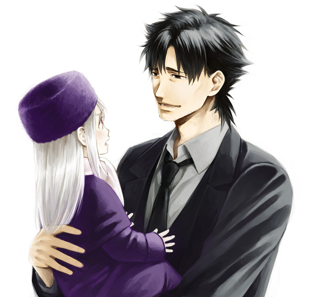 age_difference, carrying, child, coat, emiya_kiritsugu, facial_hair, fate/stay_night, fate/zero