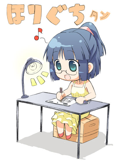 blue_hair, copyright_request, drawing, dress, glasses, happy, horiguchi_yukiko, horiguchi_yukiko_(person)