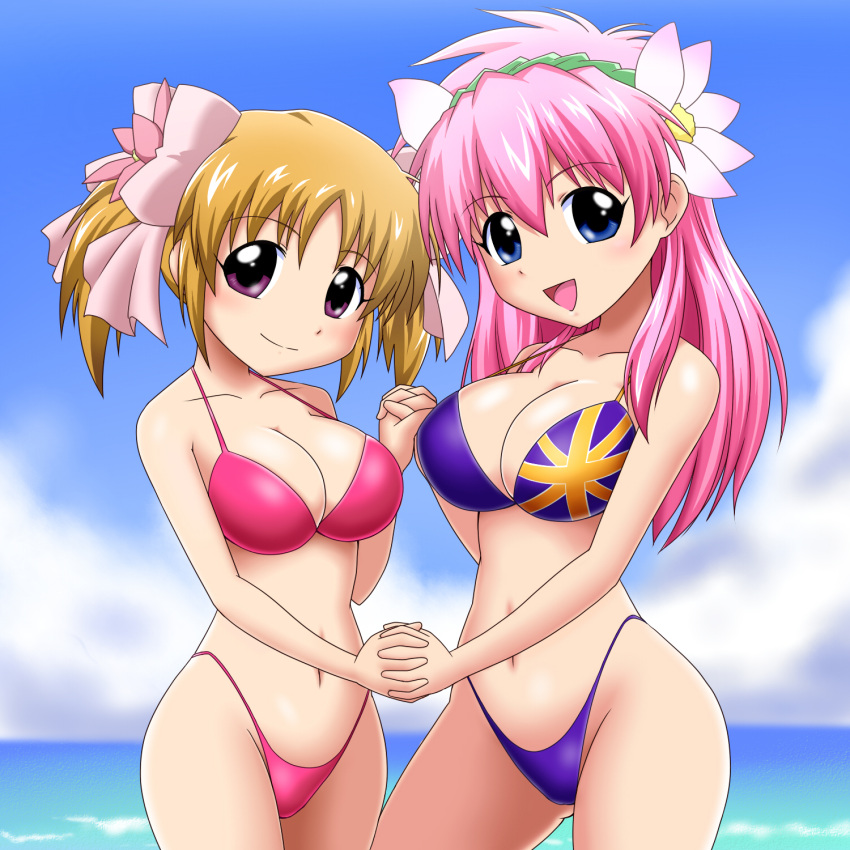 apricot_sakuraba, bikini, blue_eyes, blush, breasts, cleavage, flower, galaxy_angel, galaxy_angel_rune, goriate, hair_flower, hair_ornament, hand_holding, highleg, highleg_bikini, highleg_swimsuit, highres, holding_hands, large_breasts, long_hair, milfeulle_sakuraba, multiple_girls, navel, open_mouth, orange_hair, pink_bikini, pink_hair, purple_bikini, purple_eyes, short_twintails, siblings, sisters, smile, strap_gap, swimsuit, twintails, union_jack, violet_eyes