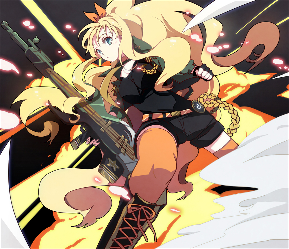 blonde_hair, blue_eyes, boots, bow, eunram, guitar, gun, hair_bow