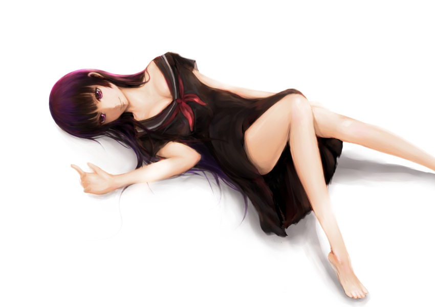 bare_legs, black_hair, hime_cut, kanoe_yuuko, long_hair, lying, no_legwear, purple_eyes, school_uniform, serafuku, simple_background, smile, suruhei, tasogare_otome_x_amnesia, violet_eyes