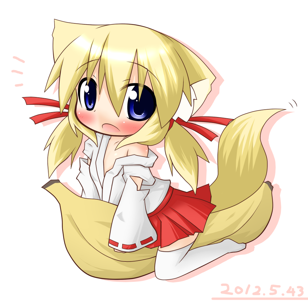 blonde_hair, blue_eyes, blush, chibi, japanese_clothes, koyomi_(shinshia), miko, open_mouth