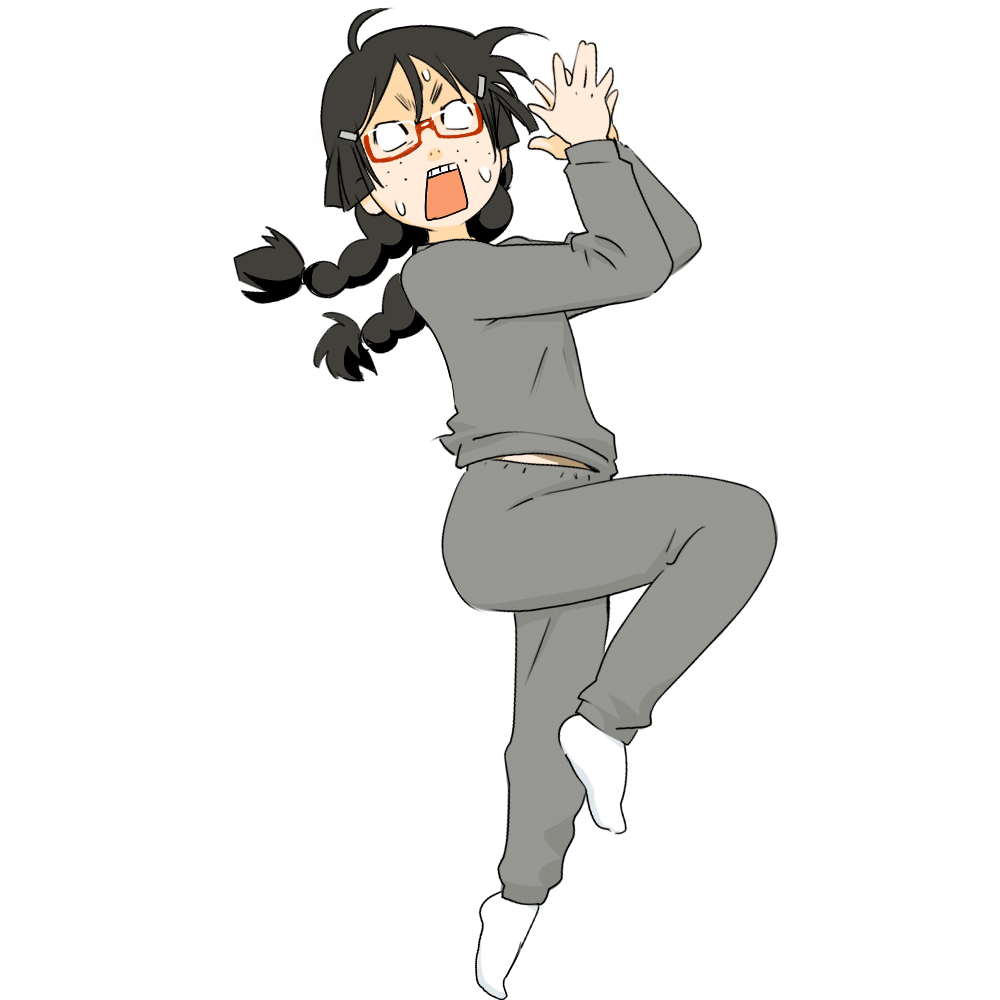 black_hair, braid, freckles, glasses, kuragehime, kurashita_tsukimi, matsui_celine, open_mouth, simple_background, socks, sweat, sweatpants, sweatshirt, twin_braids