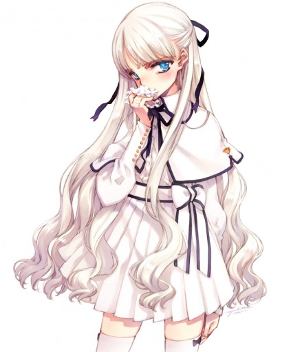 chiisana_majo_to_soratobu_kitsune, dress, flower, long_hair, looking_at_viewer, ooyari_ashito, original, ribbon, white_hair