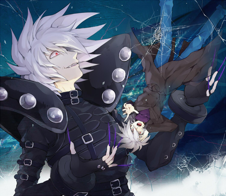 albino, belt, blue_background, bodysuit, brad_kirsten, coat, crazy_eyes, dual_persona