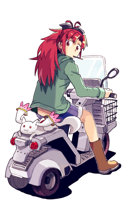 boots, hair_ribbon, hobbang, hoodie, kyubey, long_hair, looking_back, mahou_shoujo_madoka_magica