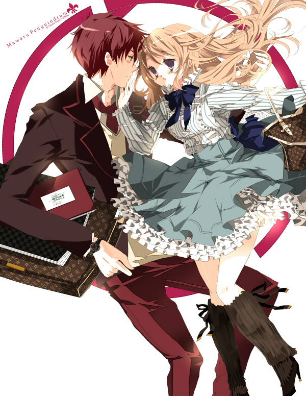 1girl, brown_hair, dress, green_eyes, long_hair, loyalists, mawaru_penguindrum, purple_eyes