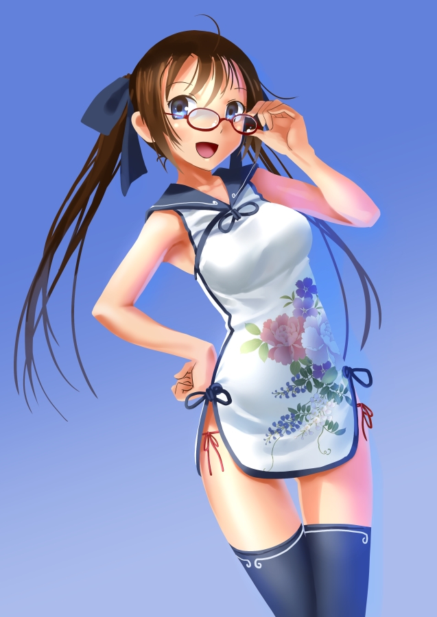 :d, black_legwear, blue_eyes, brown_hair, china_dress, chinese_clothes, female, glasses