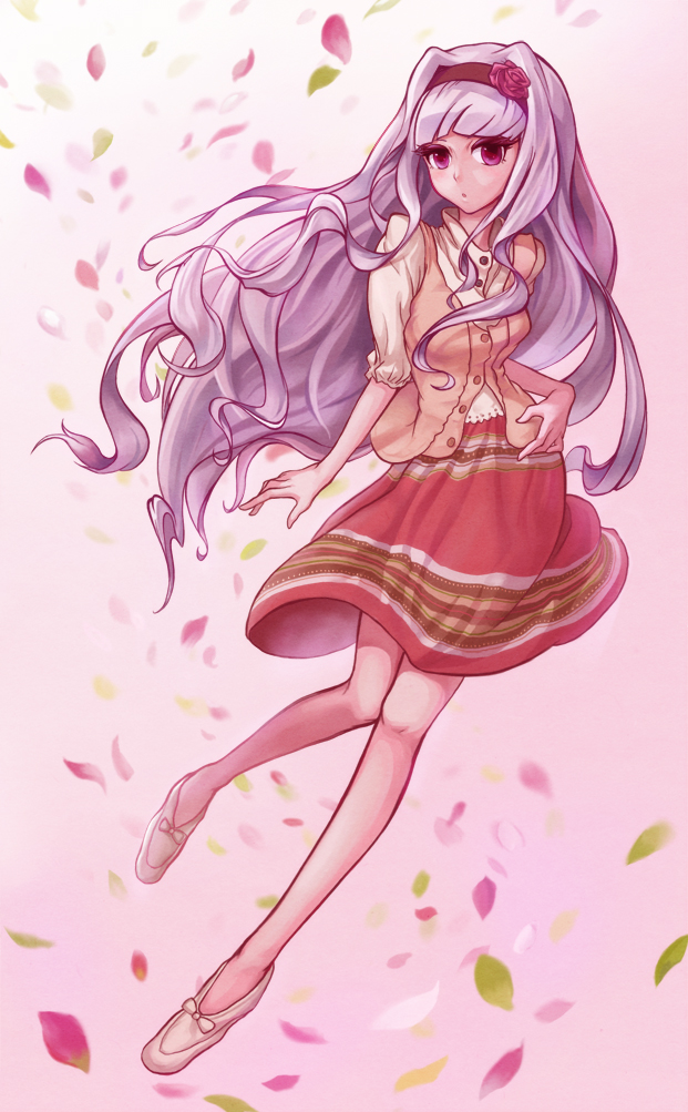 flower, hairband, icon_(sugarless_yogurt), idolmaster, long_hair, petals, purple_eyes, purple_hair, rose, shijou_takane, skirt, solo, sugarless_yogurt_1121, very_long_hair, violet_eyes