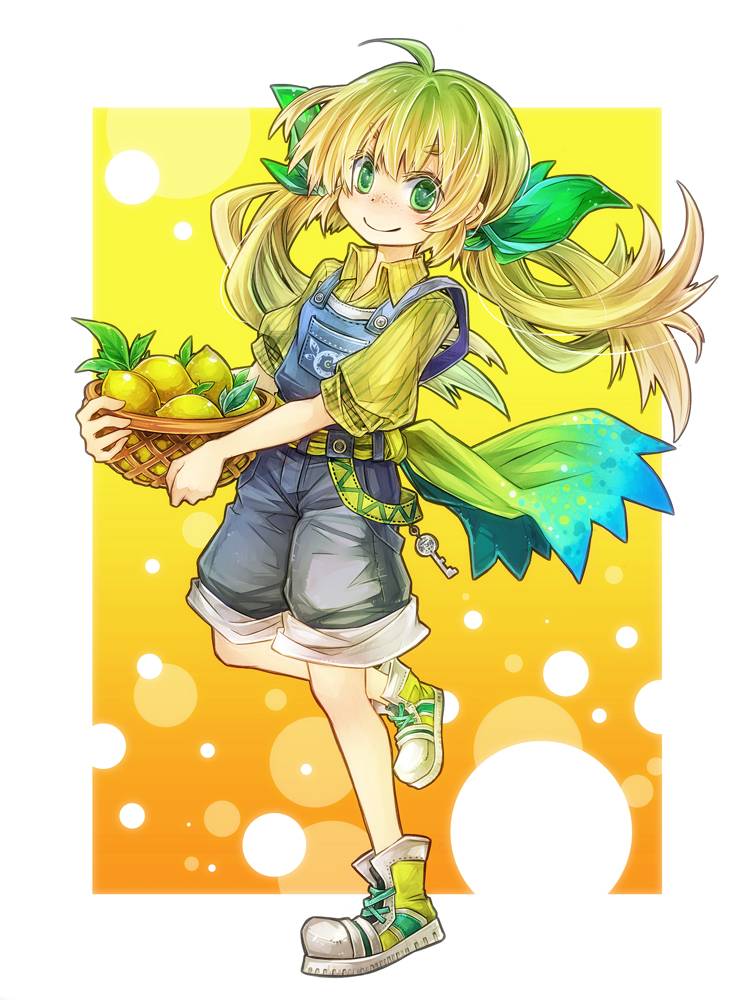 blonde_hair, c.c._lemon, c.c._lemon_(character), food, freckles, fruit, fujiwara_akina, green_eyes