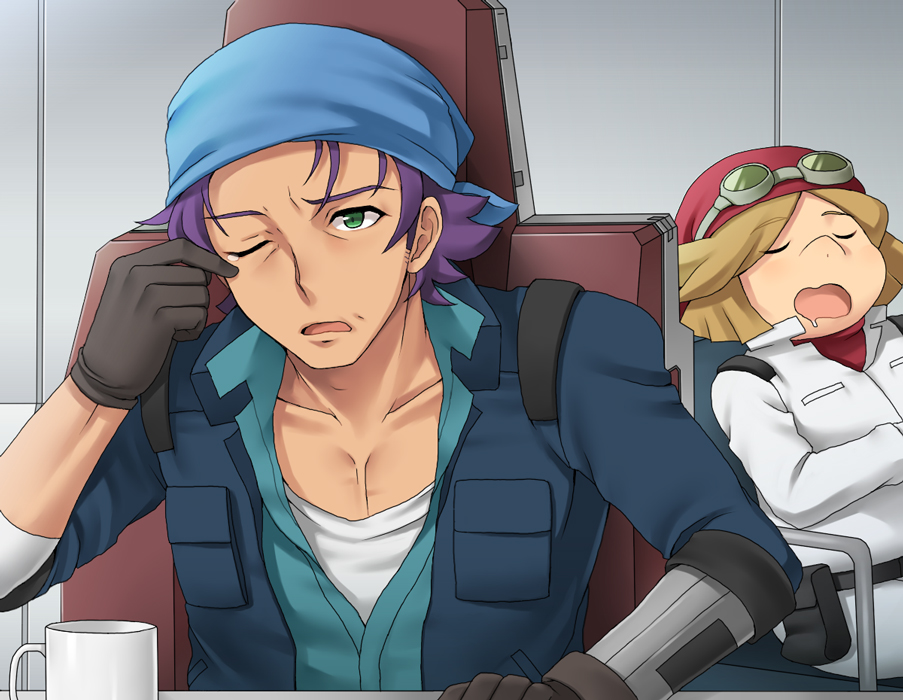 black_gloves, blonde_hair, closed_eyes, collarbone, cup, eyes_closed, gloves, goggles, green_eyes, gundam, gundam_age, hat, inaho, male, mug, multiple_boys, purple_hair, rody_madorna, sitting, sleeping, teardrop, wootbit_gunhale