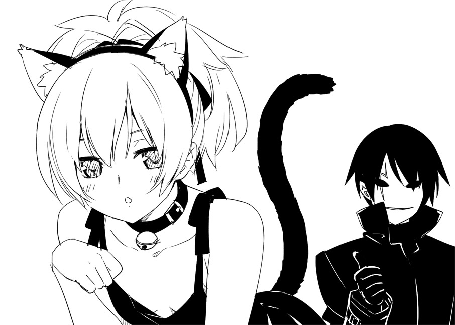 1girl, animal_ears, bell, blush, cat_ears, cat_tail, collar, darker_than_black