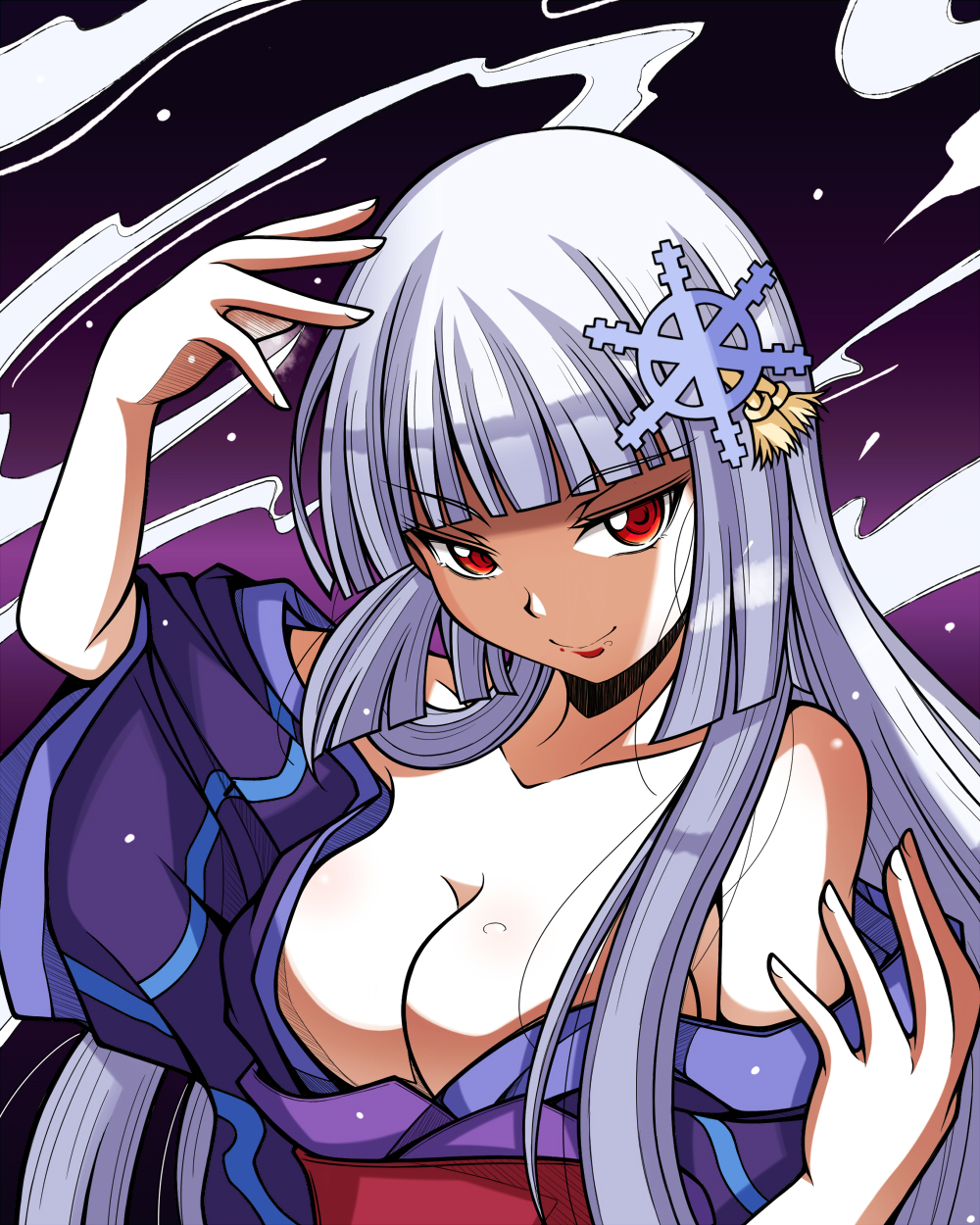 breasts, bunny1219, cleavage, hair_ornament, highres, japanese_clothes, kimono, long_hair