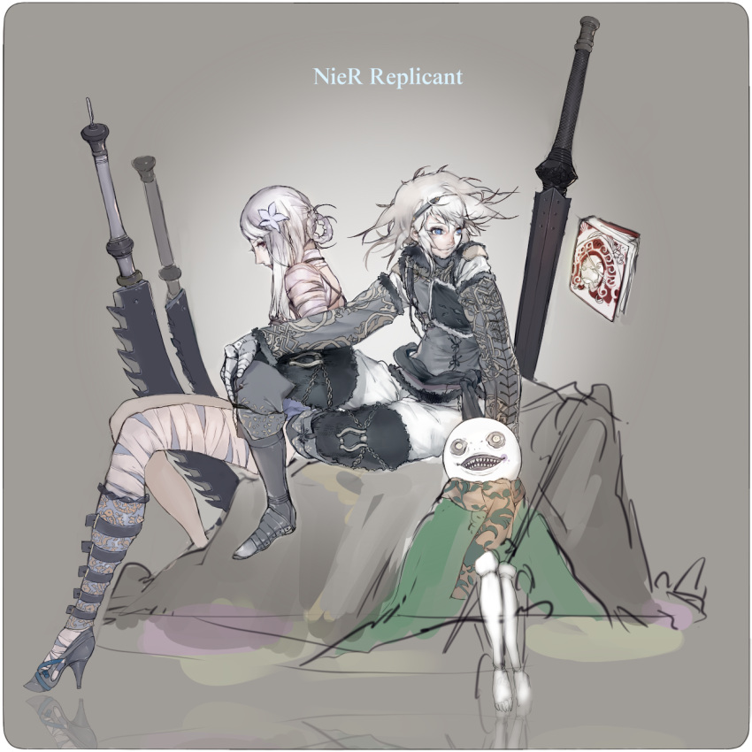 2boys, bandage, bandages, book, emil_(nier), highres, kaine_(nier), multiple_boys