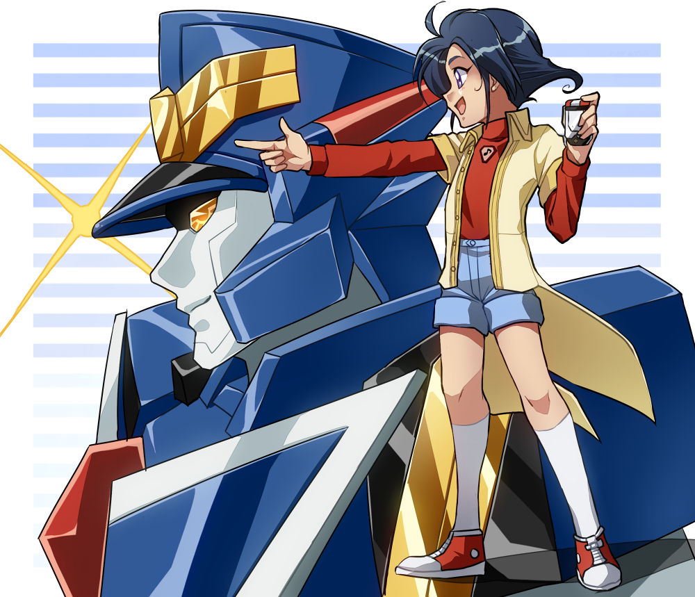 1boy, blue_hair, coat, deckerd, jacket, male_focus, mecha, musical_note