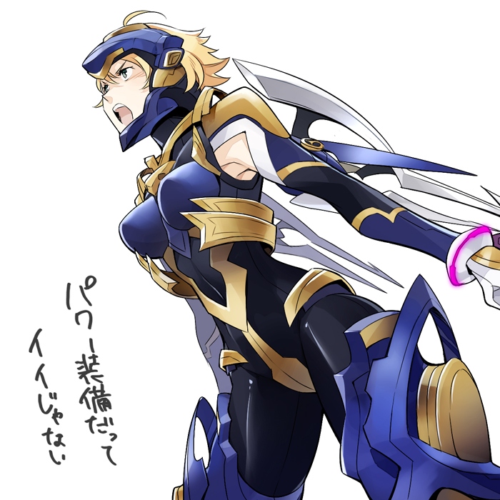 ahoge, arm_blade, armblade, armor, blonde_hair, cyborg, fiorun, green_eyes