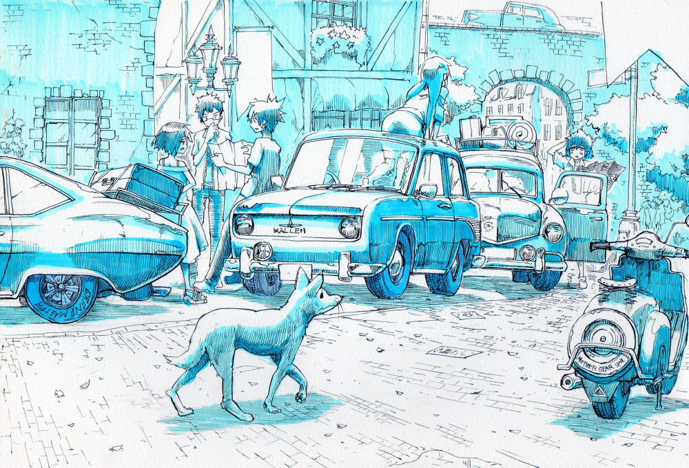 3boys, a.hebmuller, arch, bad_id, blue, boots, brick_wall, car