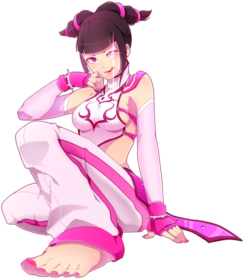 :d, alternate_color, baggy_pants, bare_shoulders, barefoot, belt, black_hair, bracelet