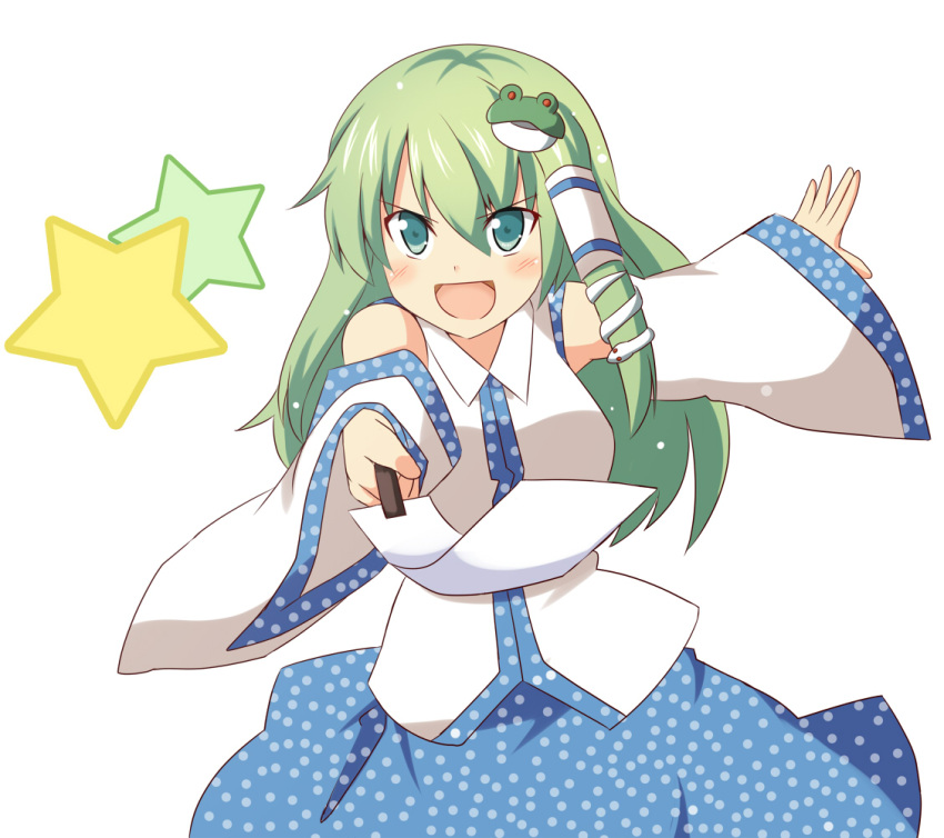 bad_id, be_(o-hoho), blush_stickers, detached_sleeves, frog_hair_ornament, gohei, green_eyes, green_hair