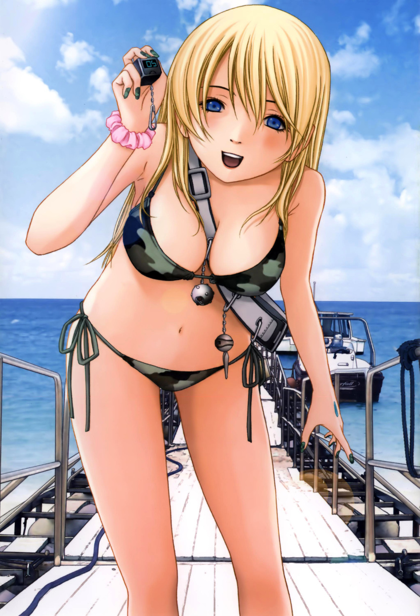 absurdres, bare_shoulders, between_breasts, bikini, blonde_hair, blue_eyes, boat, bomb