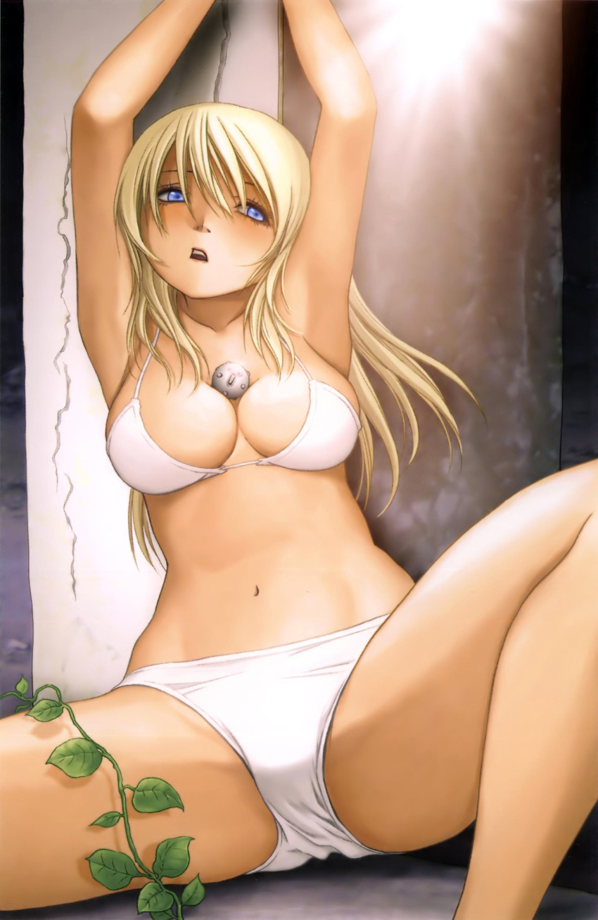 absurdres, arms_up, bare_shoulders, between_breasts, bikini, blonde_hair, blue_eyes, bomb