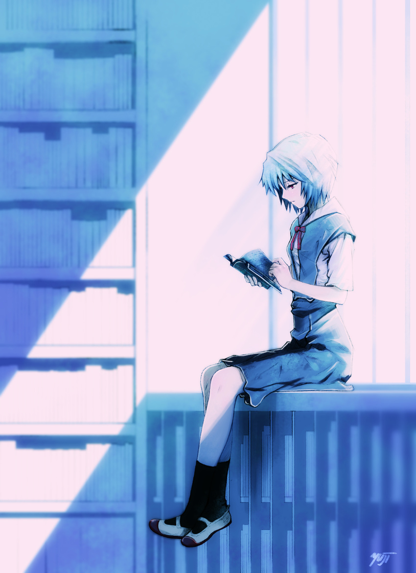 ayanami_rei, black_legwear, blue, blue_hair, blurry, book, bookshelf, crossed_legs