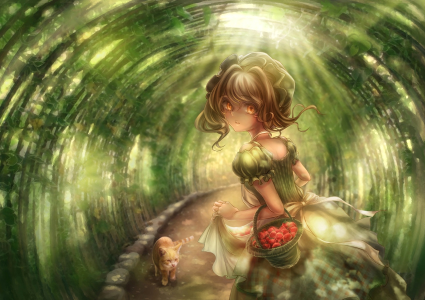 animal, brown_hair, cat, dress, hat, kino707, original, short_hair