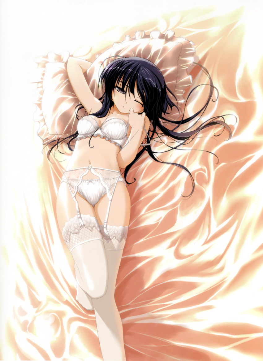 absurdres, akata_itsuki, bed, black_eyes, black_hair, bra, breasts, breasts_apart
