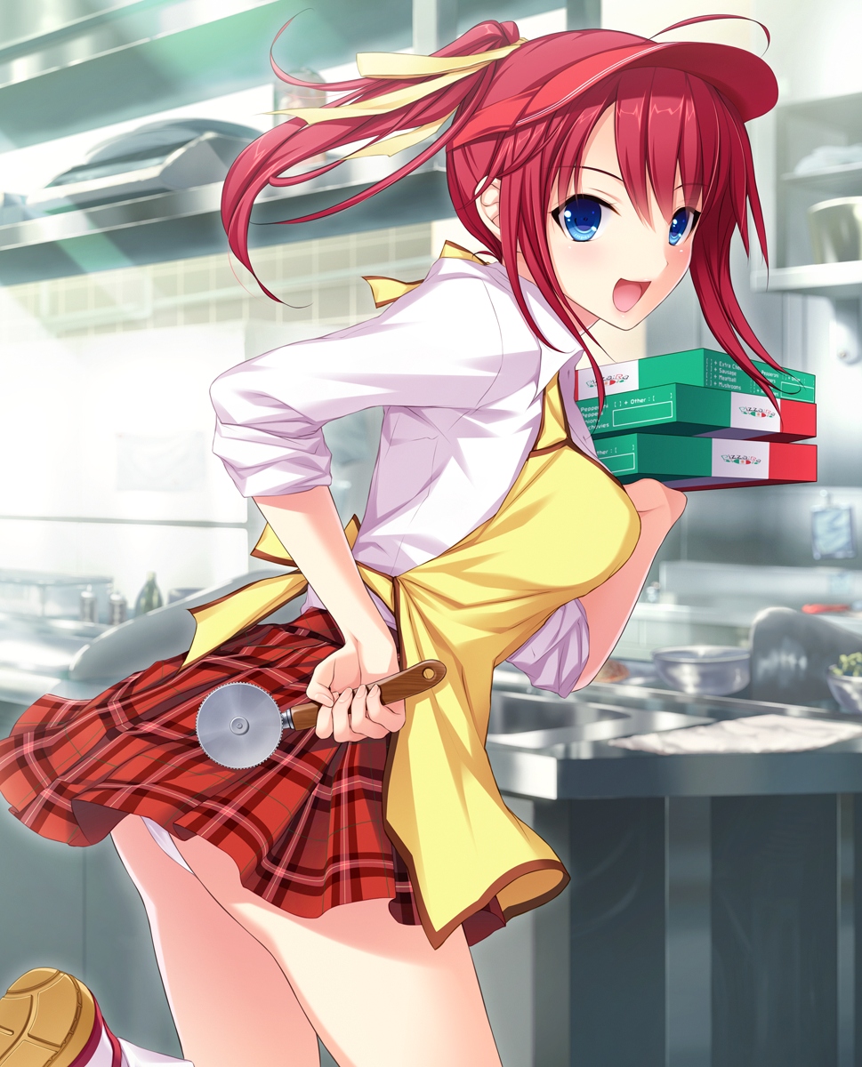 akino_subaru, apron, artist_request, blue_eyes, hatsukoi_1/1, highres, panties, pantyshot, pizza_box, pizza_cutter, red_hair, redhead, tsukishima_kyou, underwear, visor_cap