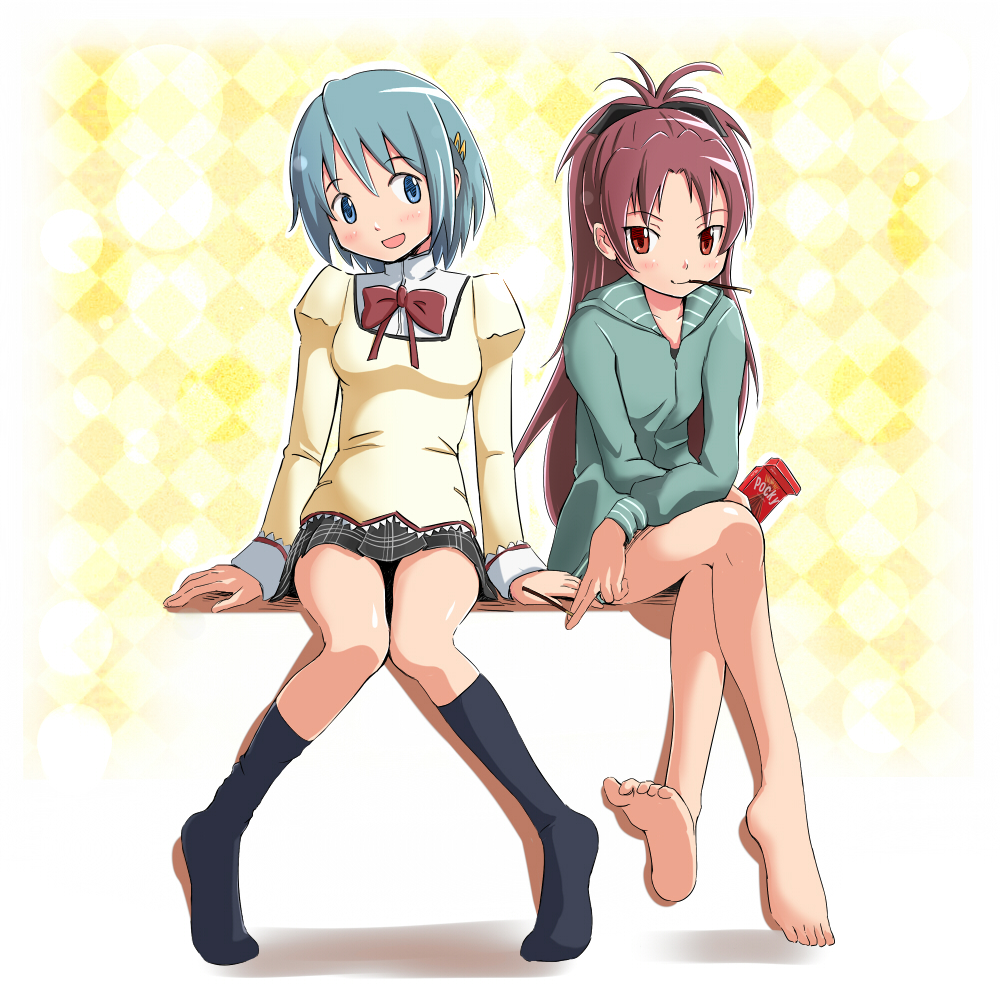:d, barefoot, blue_eyes, blue_hair, blush, bow, hair_bow, hoodie