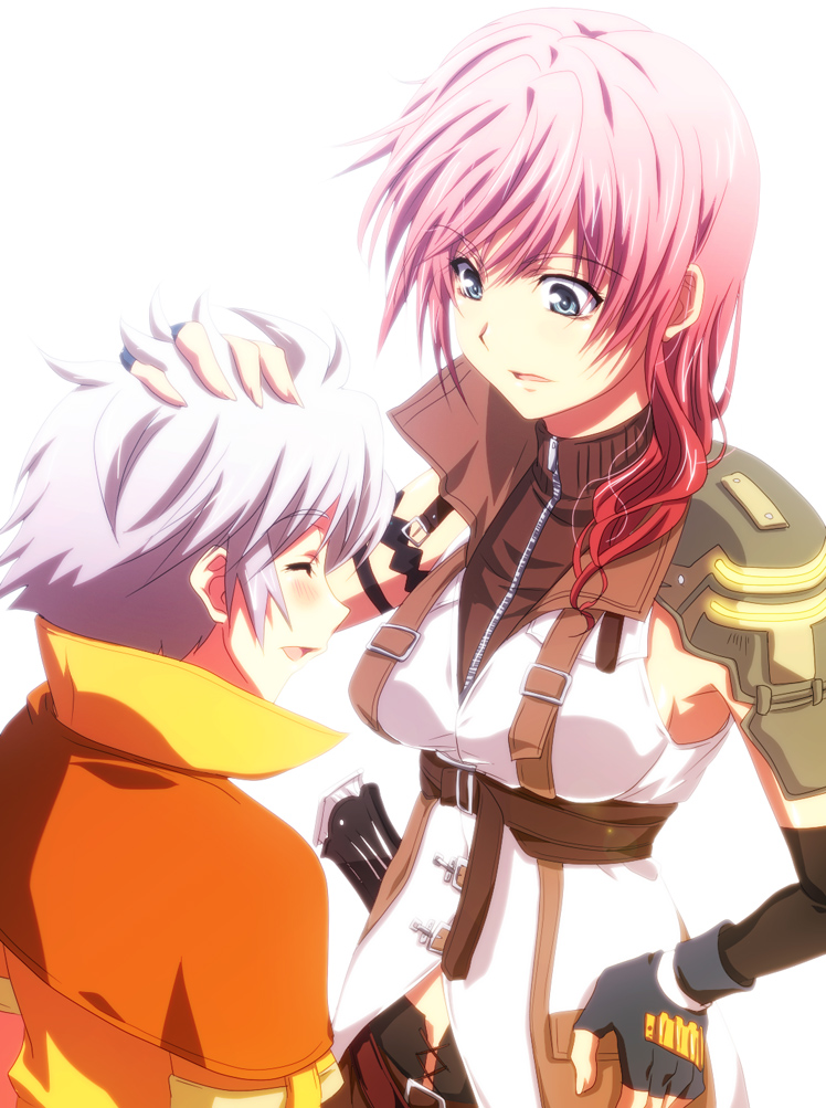 blue_eyes, blush, closed_eyes, final_fantasy, final_fantasy_xiii, fingerless_gloves, gloves, hand_on_hip