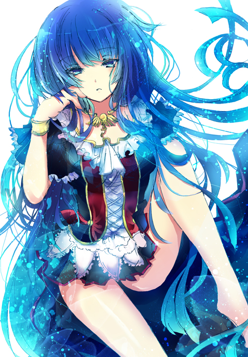 barefoot, blue_eyes, blue_hair, bracelet, cave_(developer), espgaluda, expressionless, houkiri_nemu