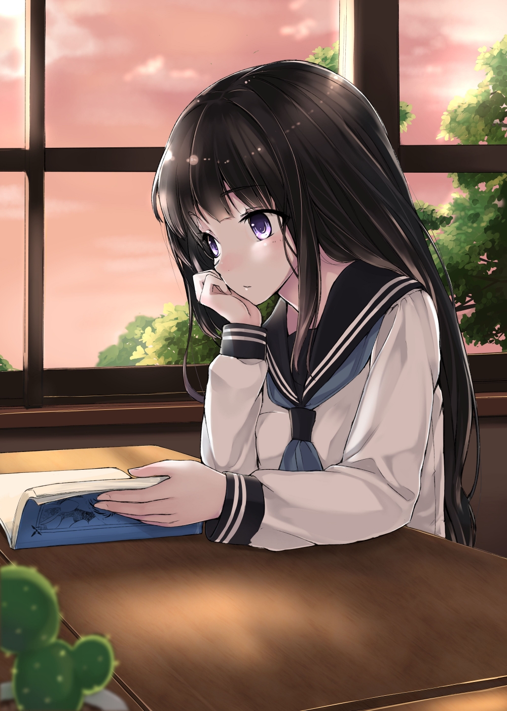 black_hair, blurry, book, cactus, chin_rest, chitanda_eru, depth_of_field, head_on_hand