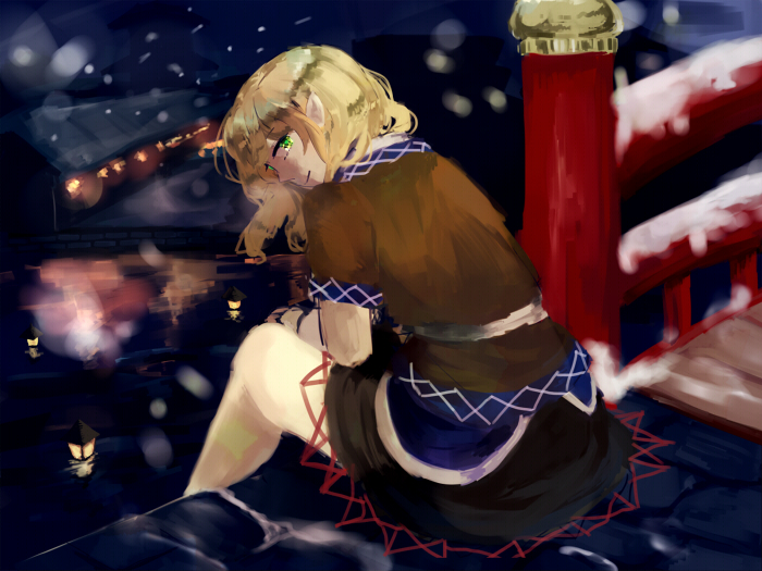 blonde_hair, bridge, floating, green_eyes, hawai-tari, lantern, looking_back, mizuhashi_parsee