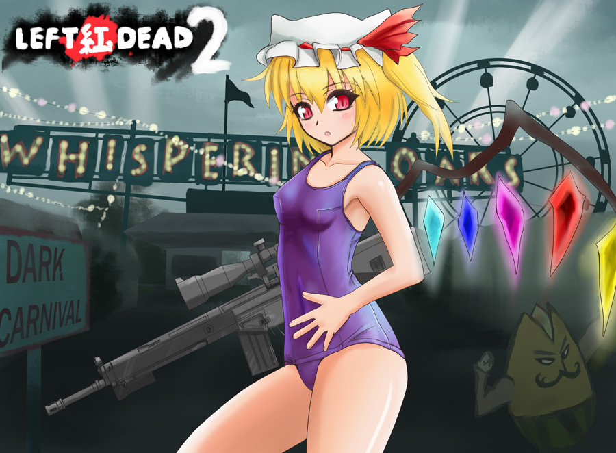 battle_rifle, blonde_hair, flandre_scarlet, gun, hat, heckler_&amp;_koch, left_4_dead, left_4_dead_2, moustachio, msg90, one-piece_swimsuit, parody, purple_swimsuit, red_eyes, rifle, school_swimsuit, short_hair, sumapan, swimsuit, touhou, weapon, wings