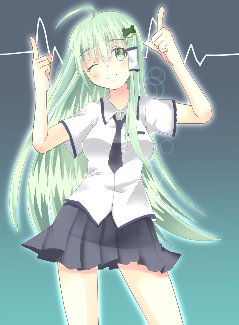 alternate_costume, blush, breasts, frog_hair_ornament, green_eyes, green_hair, hair_ornament, hair_tubes