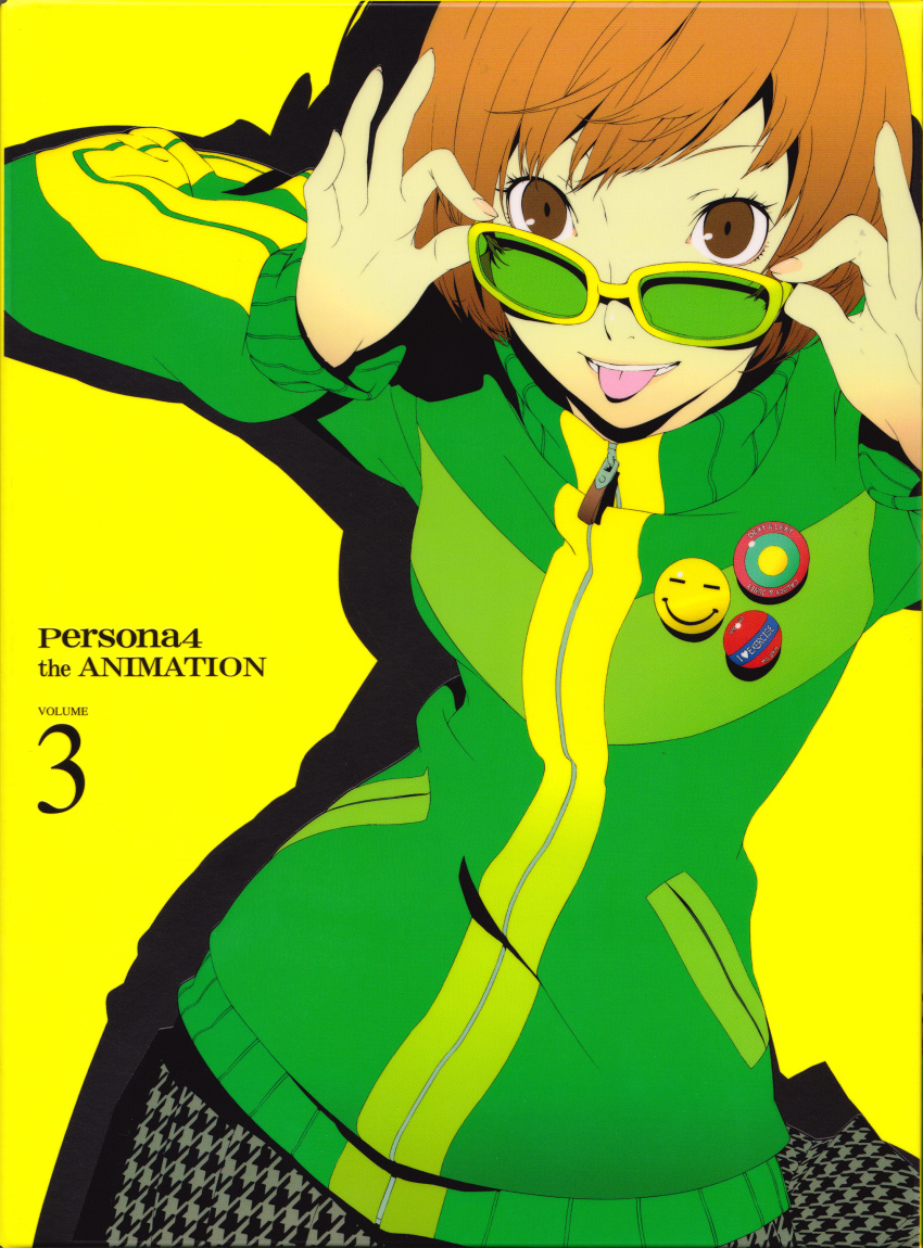 absurdres, adjusting_glasses, brown_eyes, brown_hair, glasses, highres, jacket, looking_at_viewer, official_art, persona, persona_4, pins, satonaka_chie, scan, school_uniform, short_hair, simple_background, skirt, smile, soejima_shigenori, solo, tongue, tongue_out, track_jacket