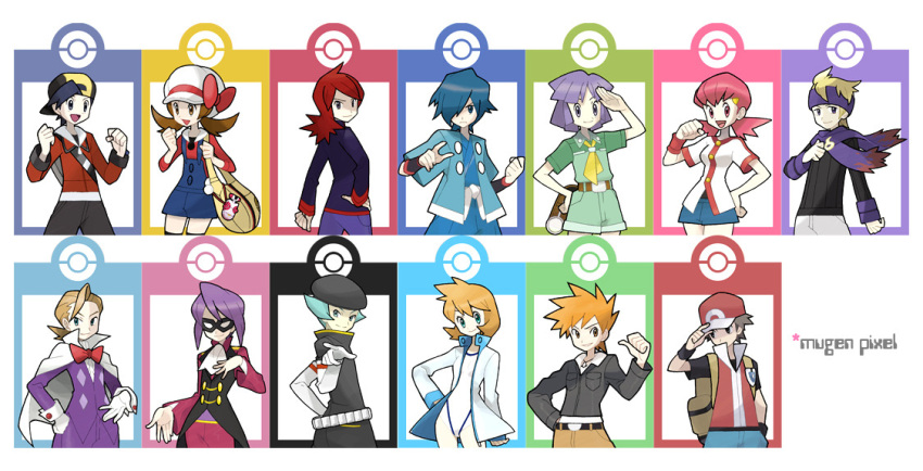 6+boys, adjusting_hat, ahoge, akane_(pokemon), aqua_eyes, arms_up, backpack, backwards_hat