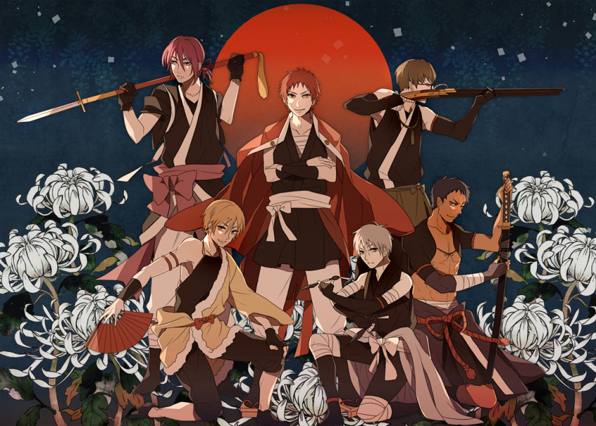 akashi_seijuurou, aomine_daiki, bandage, bandages, blonde_hair, blue_hair, dark_skin, fan, firelock, flower, glasses, gun, heterochromia, japanese_clothes, kise_ryouta, kunai, kuroko_no_basuke, kuroko_tetsuya, male, matchlock, midorima_shintarou, moon, multiple_boys, murasakibara_atsushi, musket, polearm, ponytail, red_hair, redhead, sarashi, school_uniform, short_hair, smile, spear, sushiko15, sword, weapon, white_hair