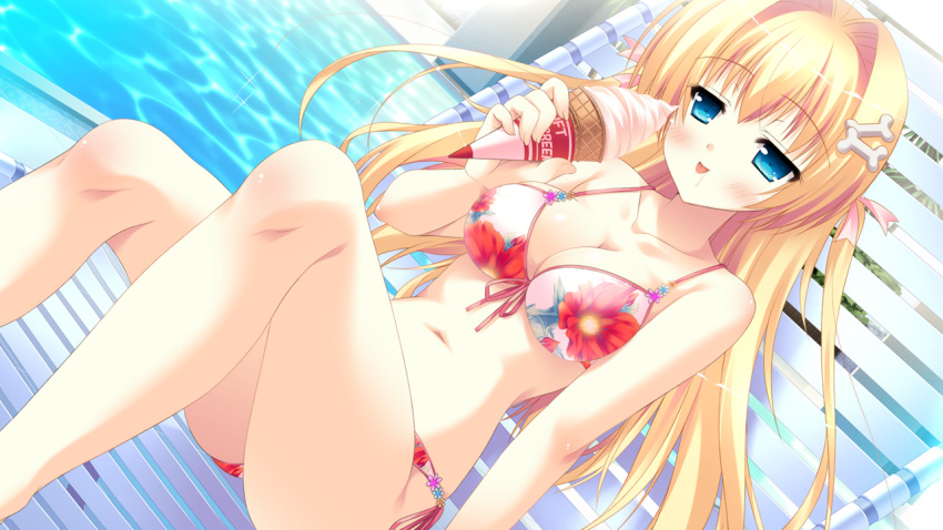 1girl, bikini, blonde_hair, blue_eyes, blush, bow, breasts, cleavage, floral_print, food, front-tie_top, game_cg, hair_bow, hair_intakes, hair_ornament, hair_ribbon, hairclip, ice_cream, kamigakari_cross_heart!, large_breasts, lounge_chair, nanasaki_anzu, navel, pool, print_bikini, shiny, shiny_skin, side-tie_bikini, sitting, solo, swimsuit, tongue