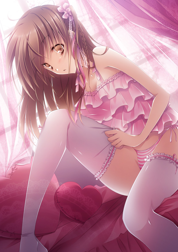 brown_hair, camisole, dressing, drugstore04, frills, garters, hair_ornament, legs