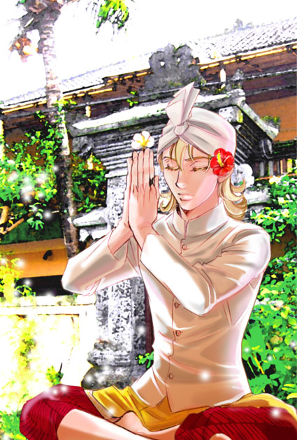 alternate_costume, barnaby_brooks_jr, blonde_hair, closed_eyes, eyes_closed, flower, hair_flower, hair_ornament