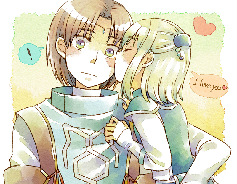 1girl, blonde_hair, brown_hair, cheek_kiss, child, closed_eyes, eyes_closed, gensou_suikoden, gensou_suikoden_i, gensou_suikoden_ii, gensou_suikoden_iii, half_updo, kiss, luc, sarah_(suikoden), short_hair, smile, tatte, young