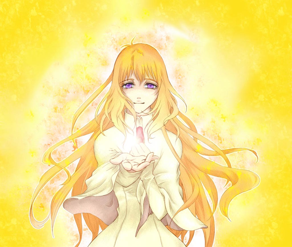 dress, long_hair, orange_hair, outstretched_hand, purple_eyes, solo, sophia_(xenogears), tso