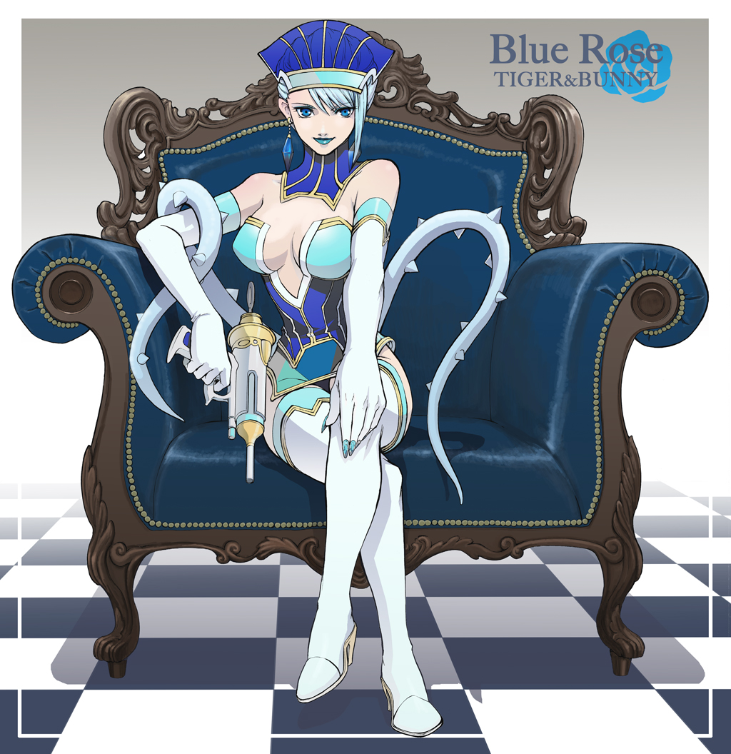 beco, blue, blue_eyes, blue_hair, blue_rose_(tiger_&amp;_bunny), boots, breasts, chair